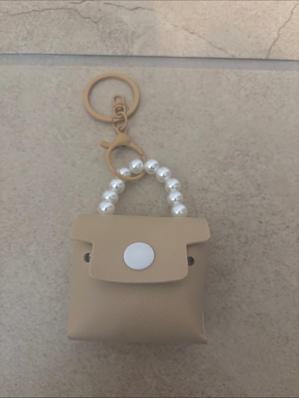 Beige Mini Purse Keychain with Pearl Handle